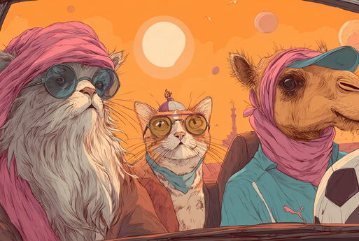 Eine Comicdarstellung: Der Himmel ist orangefarben mit vielen Himmelskörpern. Drei Tiere sitzen in einem Fahrzeug: Ein Kamel und zwei Katzen.