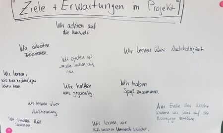 Auf einen Plakat steht als Überschrift "Ziele + Erwartungen im Projekt". Darauf stehen verteilt viele Sätze, wie z.B. "Wir lernen über Nachhaltigkeit" oder "Wir werden Müll sammeln".