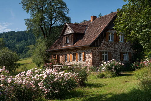 Ein Cottage aus Stein steht in einer grünen Landschaft, im Vordergrund blühende Rosen.