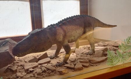 Ein Dinosauriermodell steht auf zerbrochenen Sandsteinen hinter einer Glasscheibe.