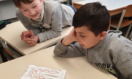 Zwei Schüler betrachten einen mit Säure angegriffenen Styroporzahn und sehen die Wirkung von Karies.