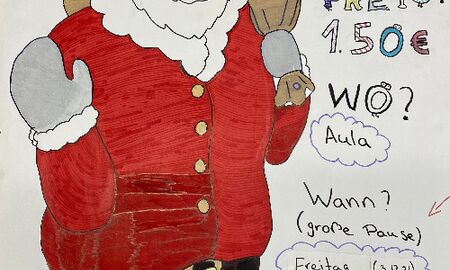 Auf dem Bild sieht man das Verkaufsplakat für die Schokonikoläuse. Plakat zum Nikolausverkauf, Bilder wurden erstellt von Zoe, Emilie, May aus der Klasse 8b)