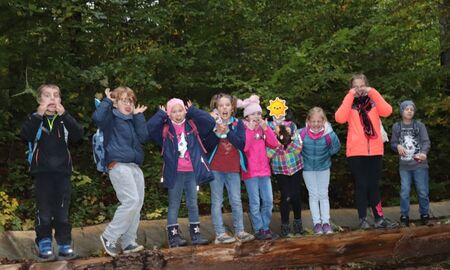 Neun Kinder stehen in der Reihe auf dem Baumstamm