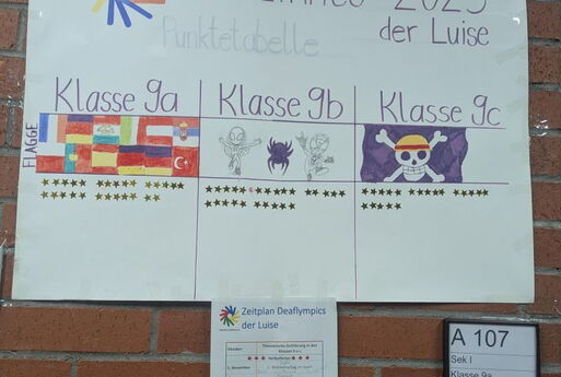 Plakat mit Tabelle, zeigt die selbstgewählten Flaggen und Punkte der Klassen 9a, 9a und 9c.