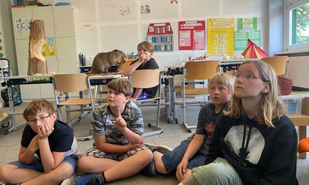 Drei Schüler und eine Schülerin sitzen auf dem Boden im Sitzkreis und hören aufmerksam zu, ein Schüler meldet sich und ein weiterer Schüler sitzt aufmerksam zuhörend hinten an den Gruppentischen