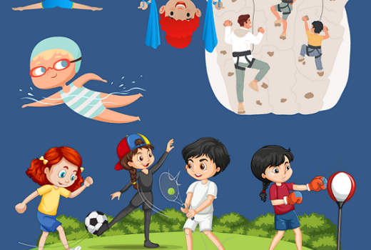 Bildcollage mit Kindern die umherspringen und mit dem Ball spielen