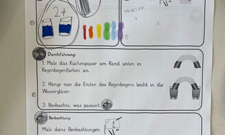 Ein ausgefülltes Forschungsprotokoll mit den Feldern Forschungsfrage, Material, Vermutung, Durchführung und Beobachtung ist zu sehen, unten im Bild liegt ein gelber Filzstift