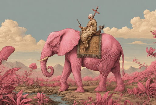 In einer Landschaft mit rosa Pflanzen reitet ein Mann mit einem großen Kreuz auf einem rosafarbenen Elefanten.