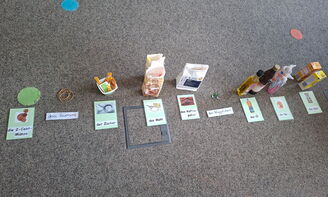 Auf dem Boden liegen in einer Reihe eine 2-Cent-Münze, ein Gummiband, Zucker, Mehl, Kaffeepulver, Muggelsteine, Öl, Seife und Salz, davor liegen Karten, die die Gegenstände beschriften