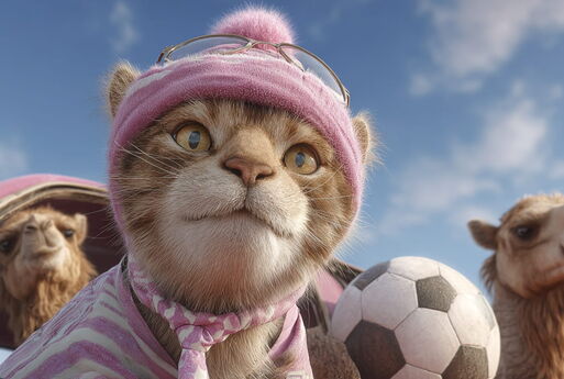 Im Vordergrund eine freundlich schauende Katze mit rosa Mütze und rosa-weißem Ringelshirt. Dahinter befinden sich zwei Kamele und ein Fußball.