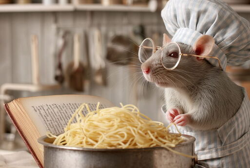 Eine plüschige Maus mit Kochmütze und Brille steht vor einem großen Topf Spaghetti. Daneben liegt ein aufgeschlagenes Buch.