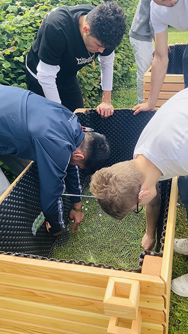 Aufbau der Hochbeete im Schulgarten der Grundschule.